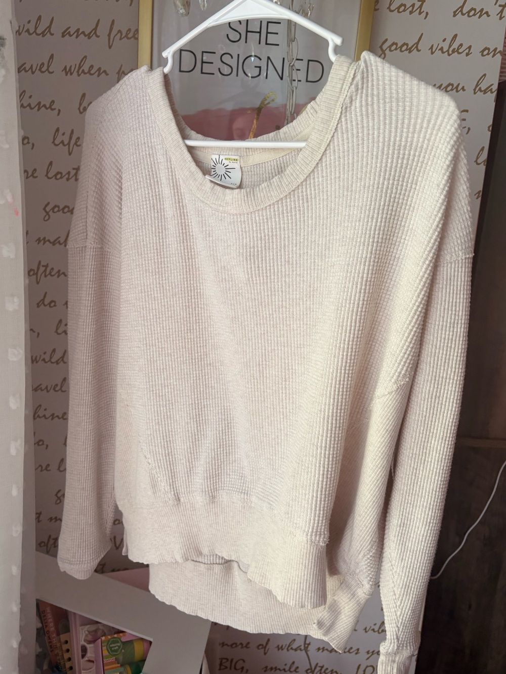 aerie Cream Ribbed Knit Scoop Neck Sweater